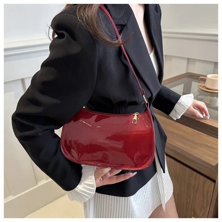 Women's Patent Leather Handbag Versatile Fashion Shoulder Casual Commuting Bags Girl Brand Designer Zipper Handbag Korean 2025