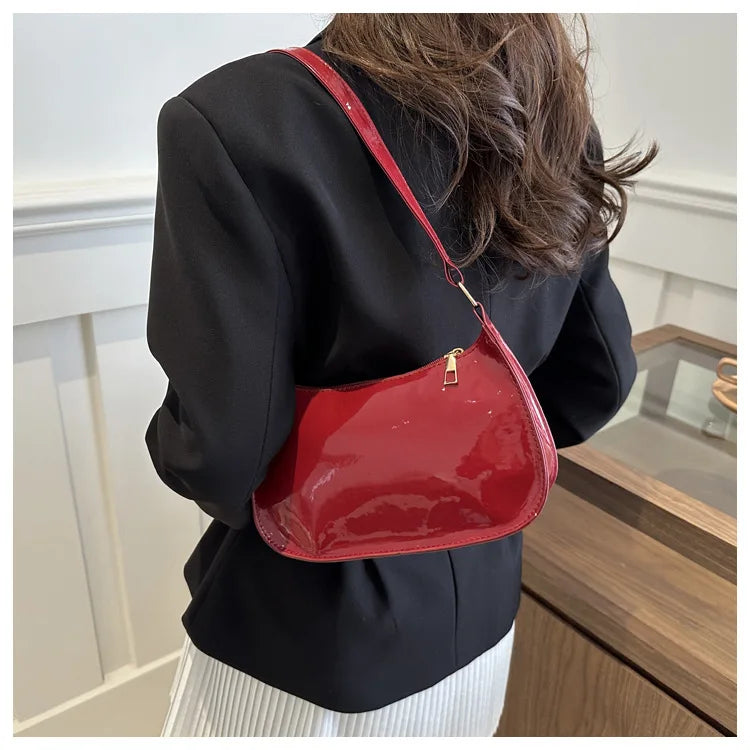 Women's Patent Leather Handbag Versatile Fashion Shoulder Casual Commuting Bags Girl Brand Designer Zipper Handbag Korean 2025