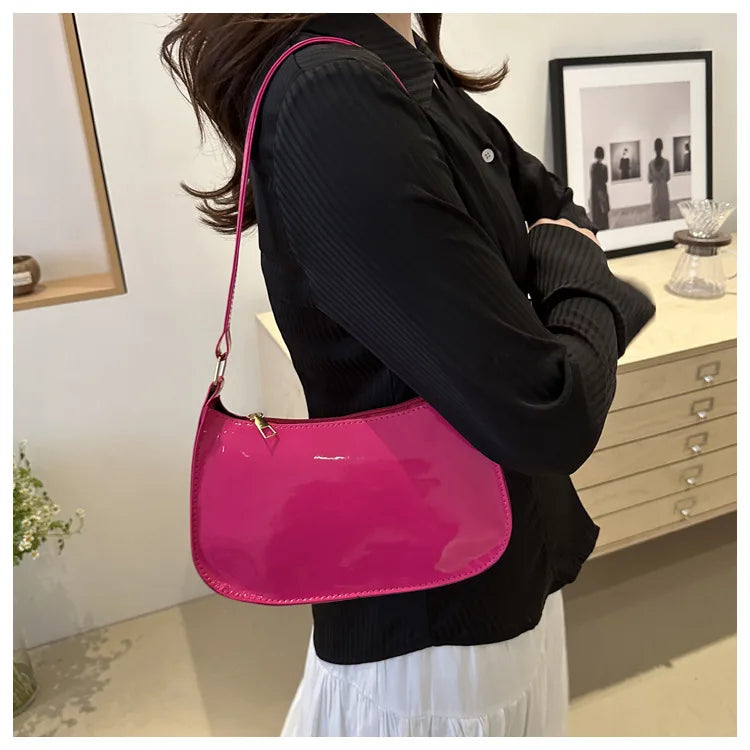 Women's Patent Leather Handbag Versatile Fashion Shoulder Casual Commuting Bags Girl Brand Designer Zipper Handbag Korean 2025