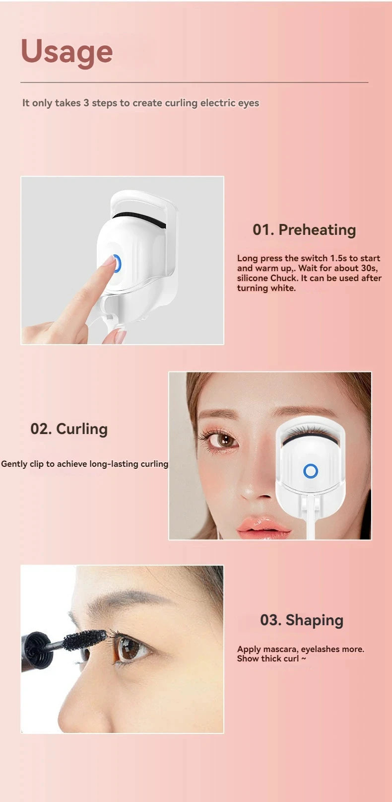 1pc ABS Electric Eyelash Curler, Long-Lasting Curl Electric Eye Lash Perm Eyelashes Clip EyelashCurler Device Makeup Tools